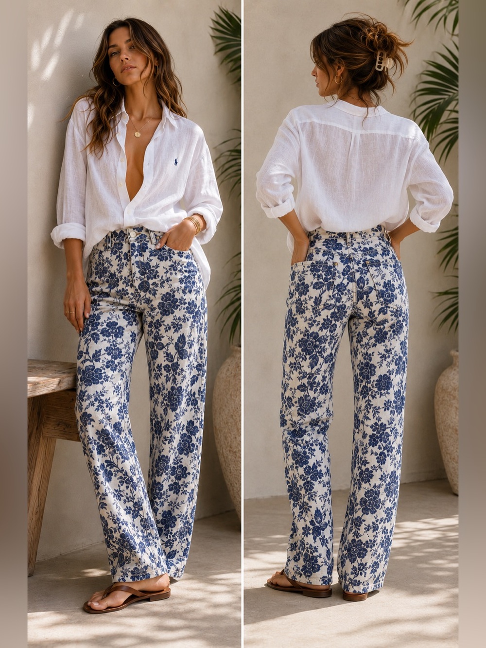 VTG Green Tag Lauren Ralph Lauren Blue + White Floral Toile Linen Jeans 💙 sz 8